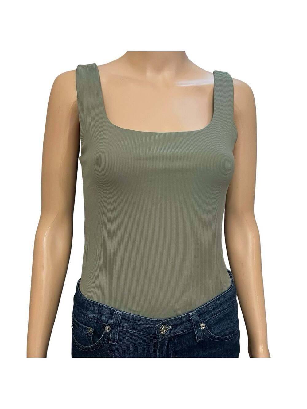 Loft Versa Green Ribbed Tank Top Bodysuit Medium Square Neck Minimalist Basic